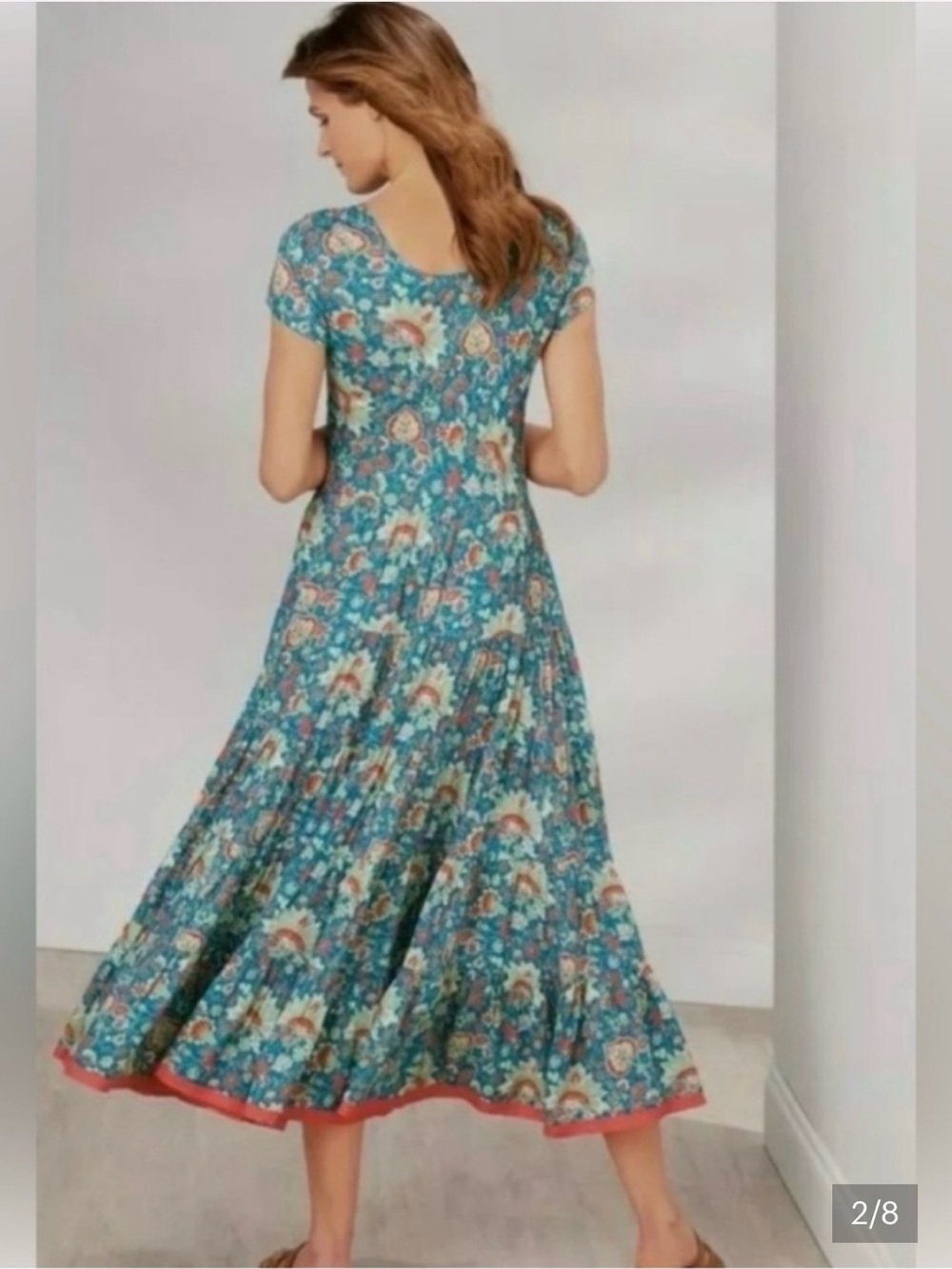 Soft Surroundings Kara Dress Teal Jacobean Blue Floral Midi Tiered M petite NWT - Picture 2 of 6